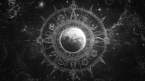 Golden cosmic zodiac wheel with Navagraha symbols